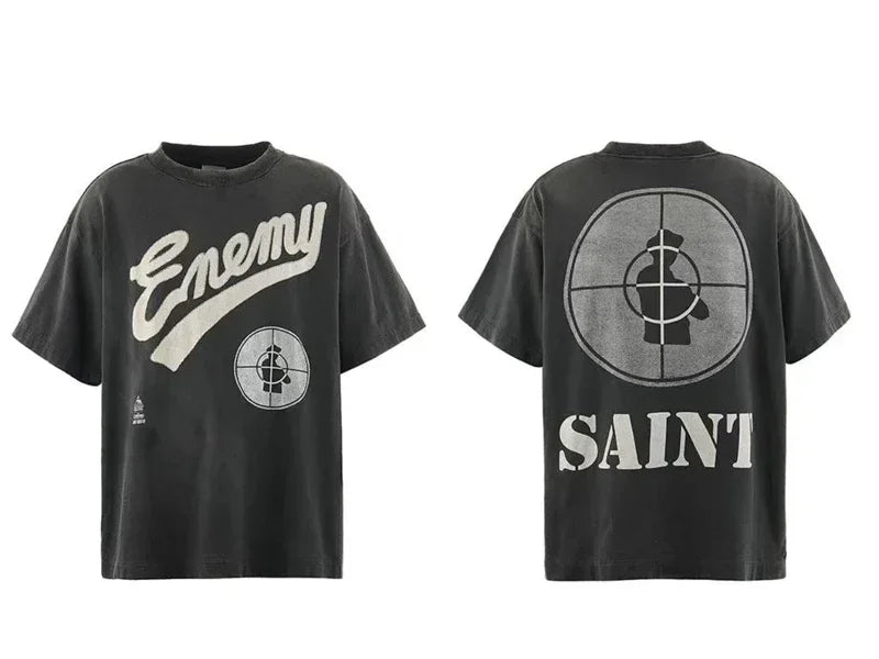 SAINT T Shirts High Quality Printed Streetwear Vintage Tee Loose Oversize Tops Summer Cotton T Shirt Men Women