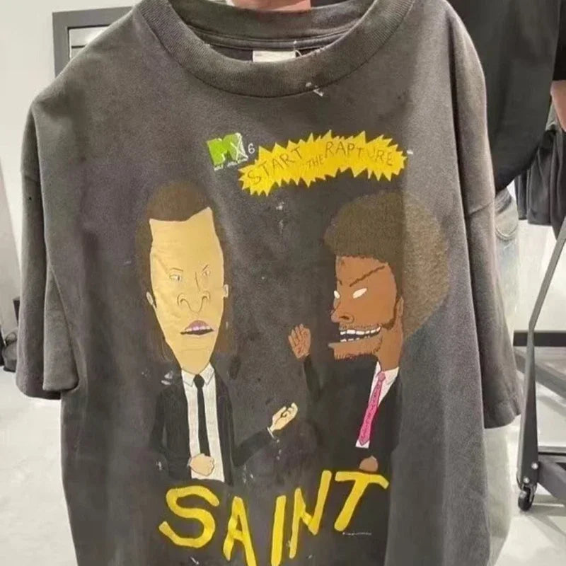 SAINT T Shirts High Quality Printed Streetwear Vintage Tee Loose Oversize Tops Summer Cotton T Shirt Men Women