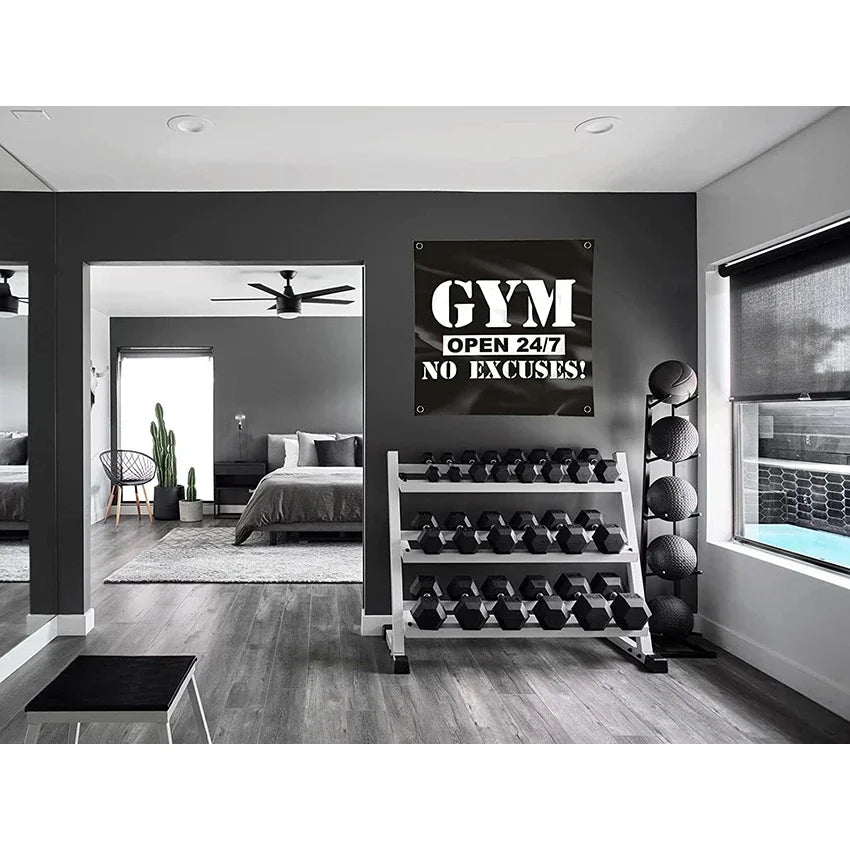 GYM Open 24/7 No Excuses Flag 3X3 FT Motivational Home Gym Tapestry For Decor Bedroom Room Dorm Wall With Four Brass Grommets