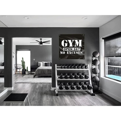GYM Open 24/7 No Excuses Flag 3X3 FT Motivational Home Gym Tapestry For Decor Bedroom Room Dorm Wall With Four Brass Grommets