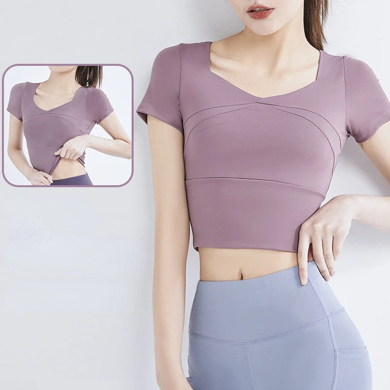 Slim Solid T Shirts for Women with Chest Pads Yoga T Shirts Gym Trainning Running High Elastic Fashion Knit Fitness Short Sleeve