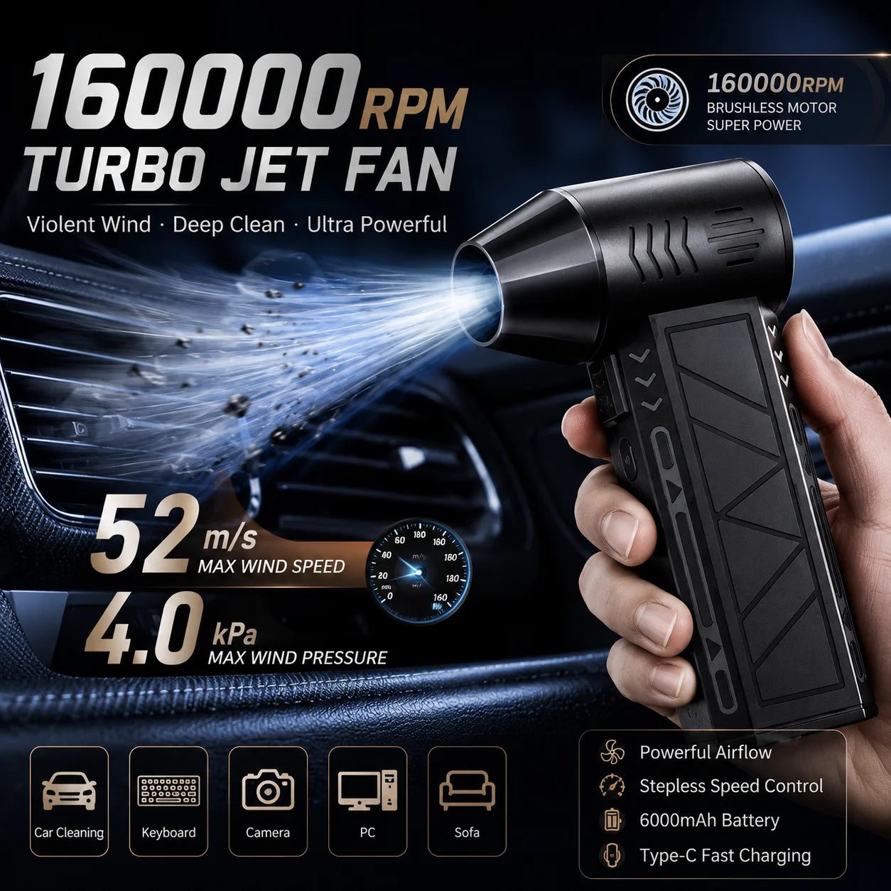 Turbofan 160000RPM High Power Jet Fan Air Duster Motor Variable Speed Dust Blower Brushless Clean Tool Handheld Air Mini Blower