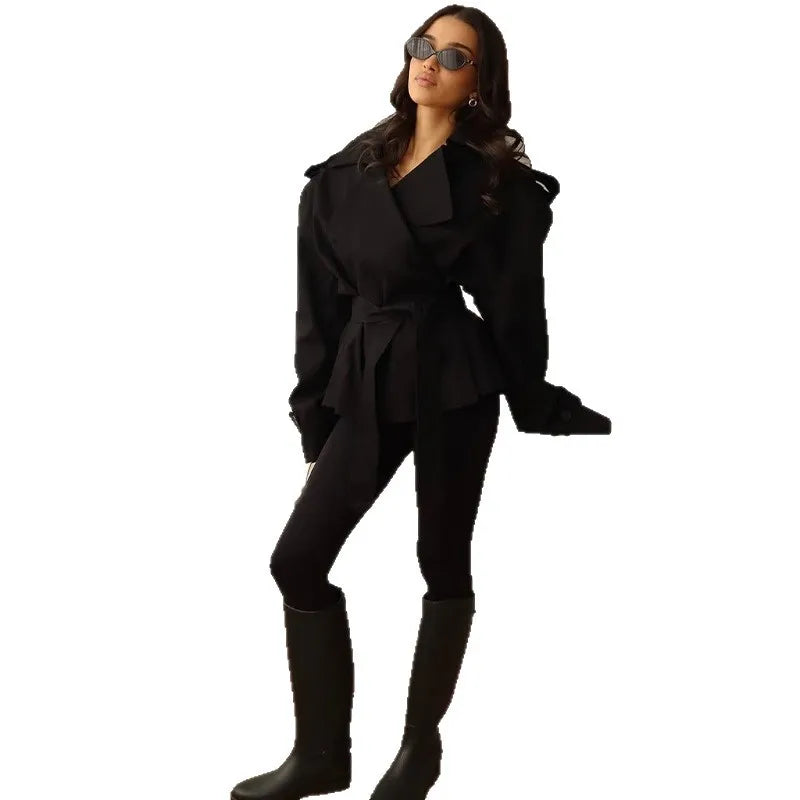 Jackets Coat Women Autumn Outerwear Turn Down Collar Lace Up Tight Waist Slim Female Jacket Office Lady High Street Overcoat