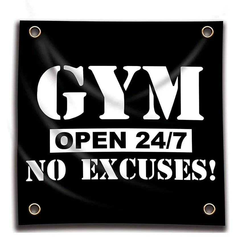 GYM Open 24/7 No Excuses Flag 3X3 FT Motivational Home Gym Tapestry For Decor Bedroom Room Dorm Wall With Four Brass Grommets