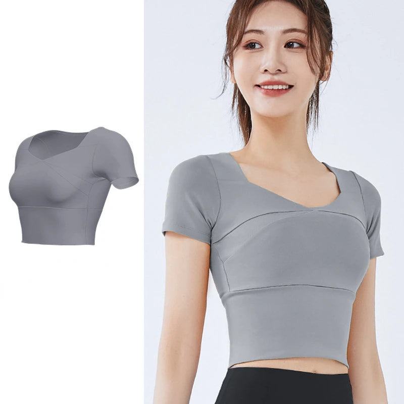 Slim Solid T Shirts for Women with Chest Pads Yoga T Shirts Gym Trainning Running High Elastic Fashion Knit Fitness Short Sleeve