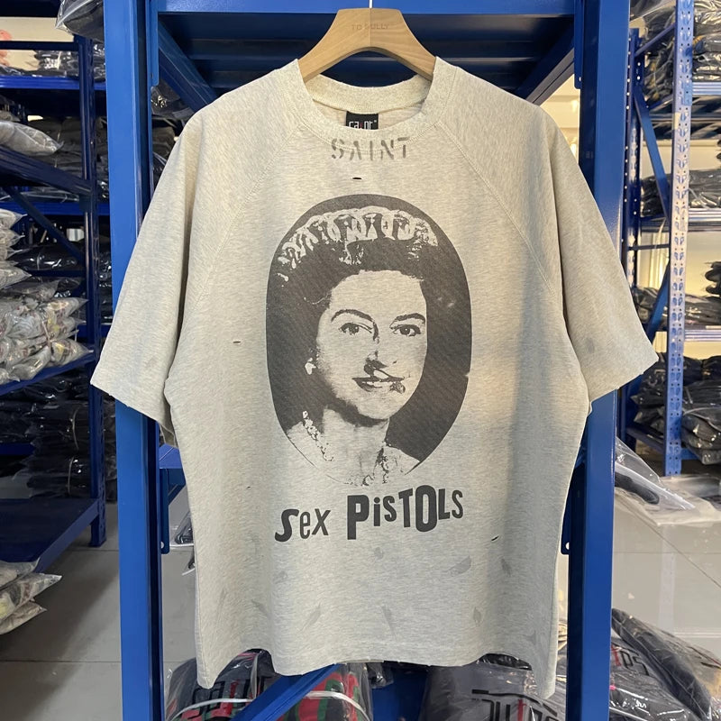 SAINT T Shirts High Quality Printed Streetwear Vintage Tee Loose Oversize Tops Summer Cotton T Shirt Men Women