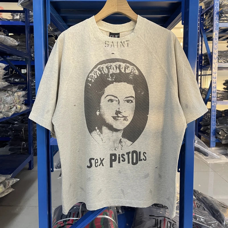SAINT T Shirts High Quality Printed Streetwear Vintage Tee Loose Oversize Tops Summer Cotton T Shirt Men Women