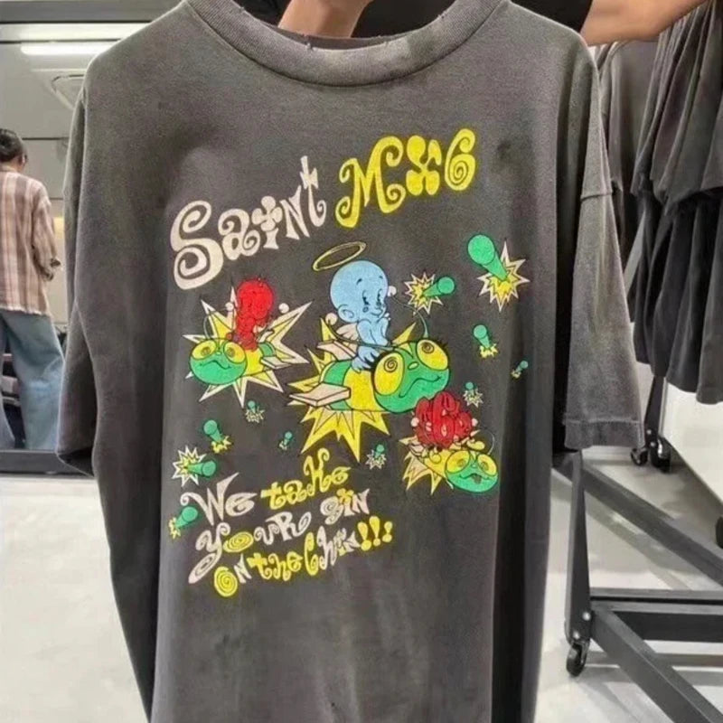 SAINT T Shirts High Quality Printed Streetwear Vintage Tee Loose Oversize Tops Summer Cotton T Shirt Men Women