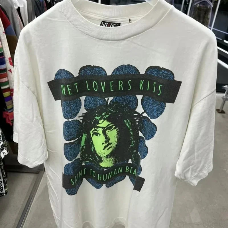 SAINT T Shirts High Quality Printed Streetwear Vintage Tee Loose Oversize Tops Summer Cotton T Shirt Men Women