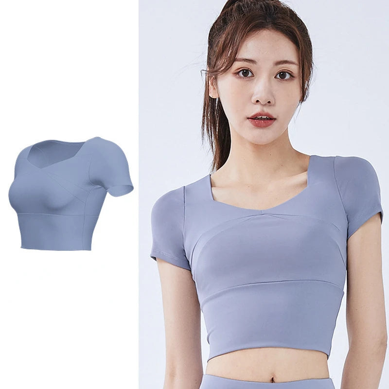 Slim Solid T Shirts for Women with Chest Pads Yoga T Shirts Gym Trainning Running High Elastic Fashion Knit Fitness Short Sleeve