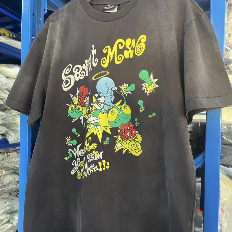SAINT T Shirts High Quality Printed Streetwear Vintage Tee Loose Oversize Tops Summer Cotton T Shirt Men Women
