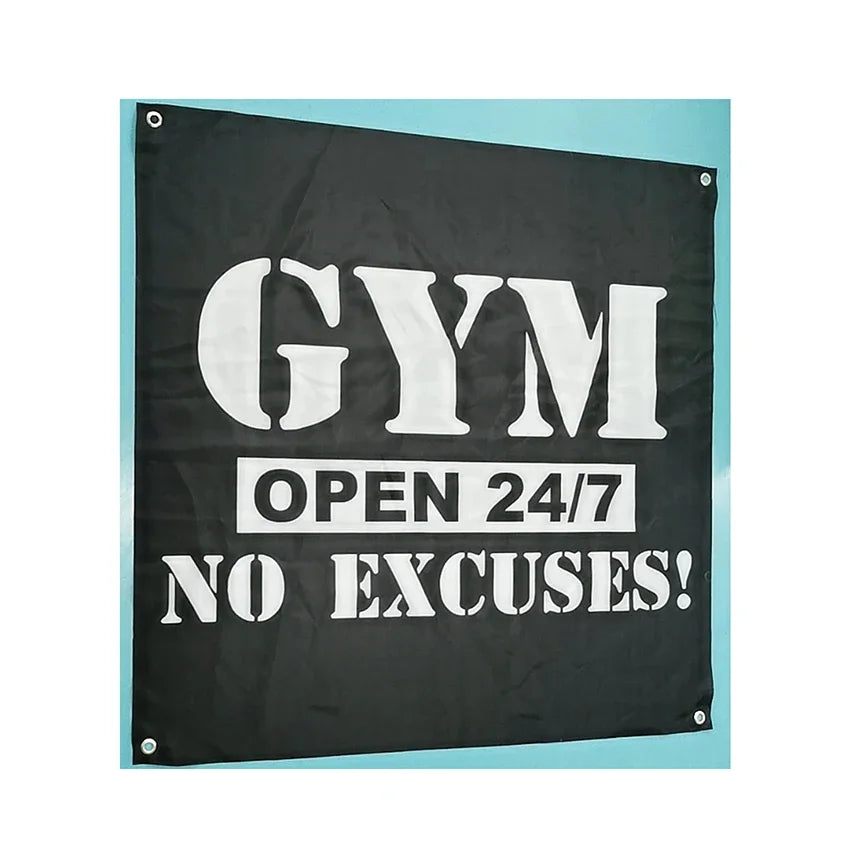GYM Open 24/7 No Excuses Flag 3X3 FT Motivational Home Gym Tapestry For Decor Bedroom Room Dorm Wall With Four Brass Grommets