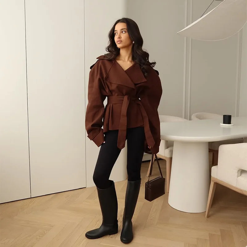 Jackets Coat Women Autumn Outerwear Turn Down Collar Lace Up Tight Waist Slim Female Jacket Office Lady High Street Overcoat