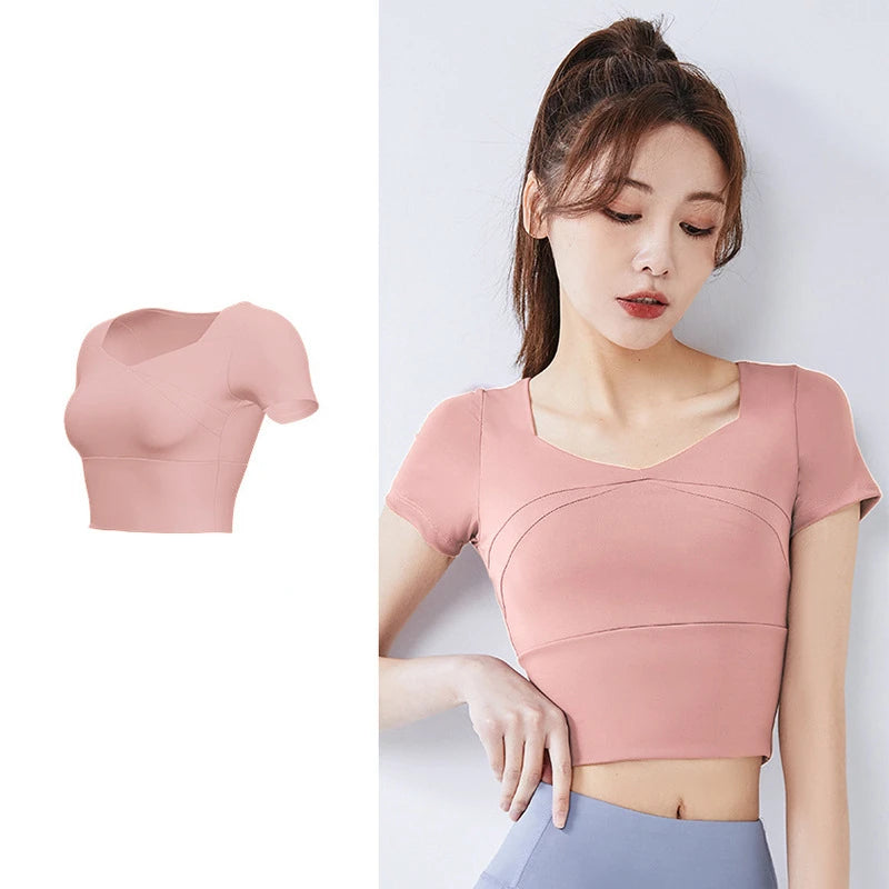 Slim Solid T Shirts for Women with Chest Pads Yoga T Shirts Gym Trainning Running High Elastic Fashion Knit Fitness Short Sleeve