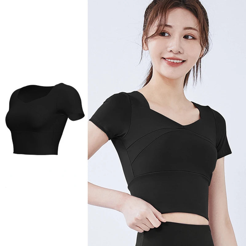 Slim Solid T Shirts for Women with Chest Pads Yoga T Shirts Gym Trainning Running High Elastic Fashion Knit Fitness Short Sleeve