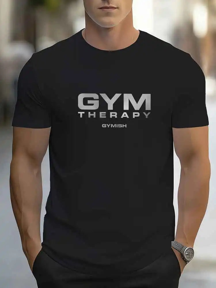 GYM THERAPY Men's Workout T-Shirt GYMISH Fitness Short Sleeve Tee Gym Training Casual Cotton T Shirt For Men Bodybuilding Sports