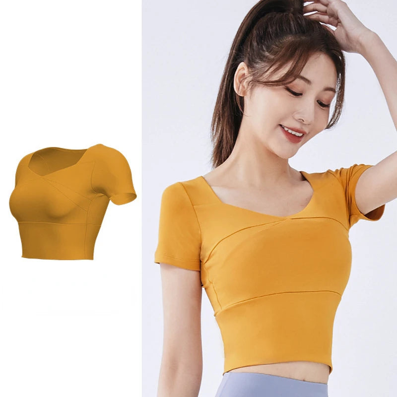 Slim Solid T Shirts for Women with Chest Pads Yoga T Shirts Gym Trainning Running High Elastic Fashion Knit Fitness Short Sleeve